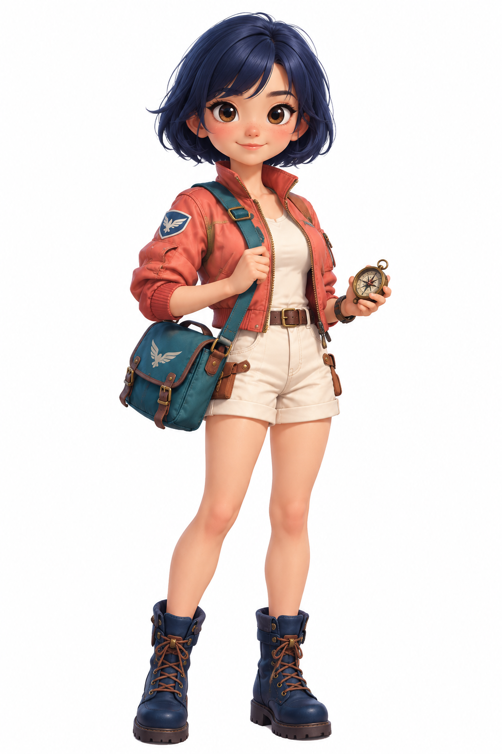 Full-body Chibi portrait of Nori Vale, a sky courier with an indigo bob and coral flight jacket