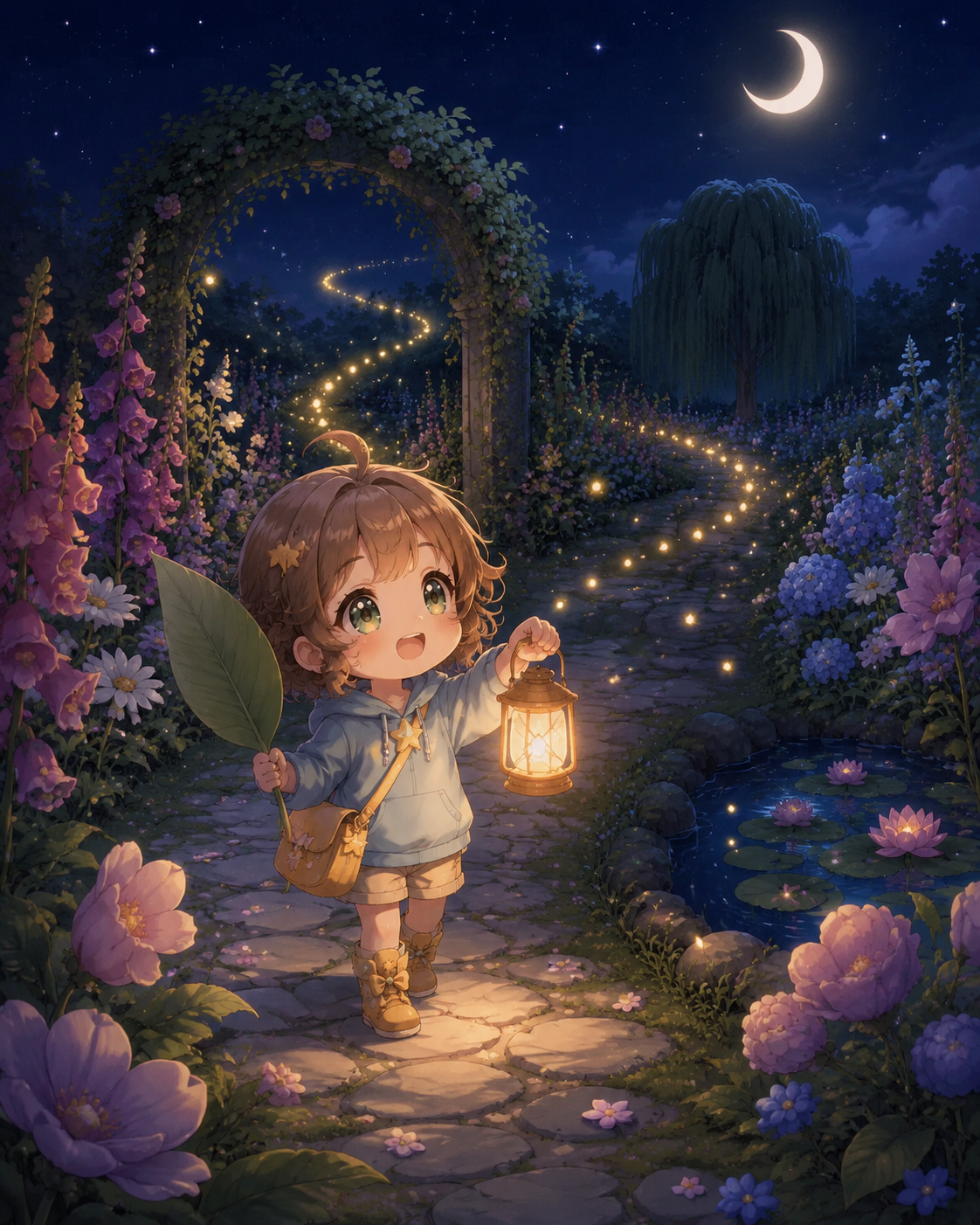 AI-generated storybook cover featuring a consistent character in a moonlit garden