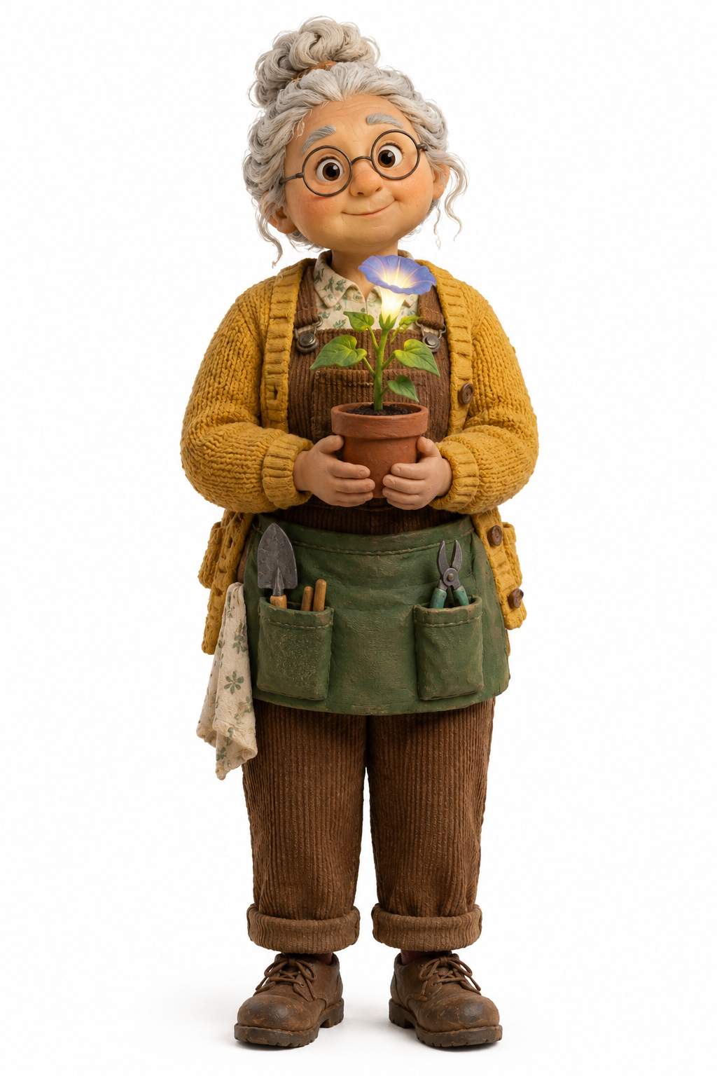 Full-body claymation portrait of Poppy Merriweather, a retired botanist with a silver bun, round spectacles, and a glowing moonflower