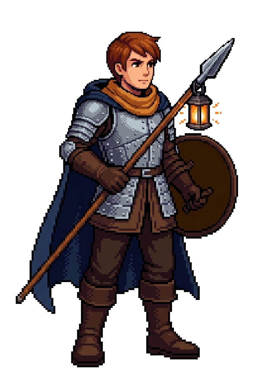 Full-body pixel art portrait of Elian Ward with a lantern spear, round shield, navy cloak, and amber scarf