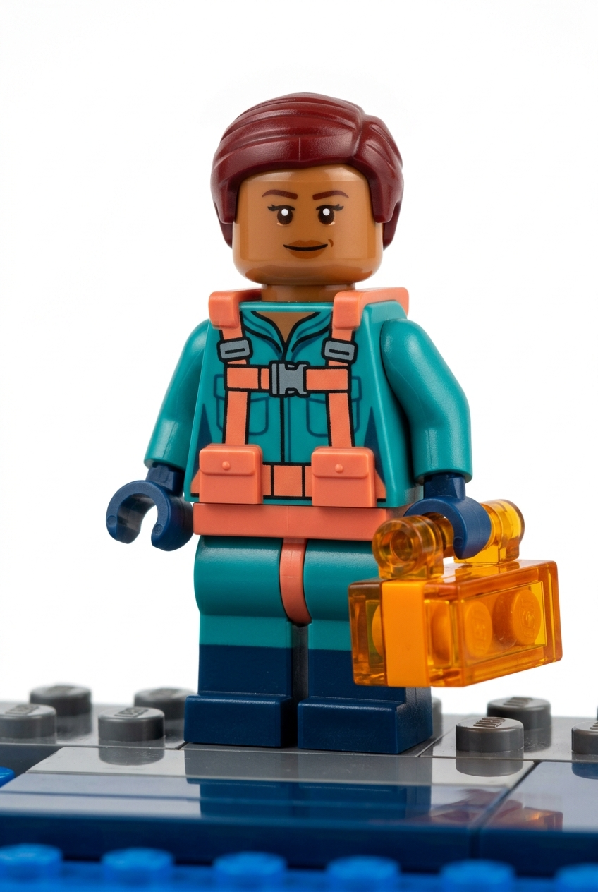 Mara Quill as a full-body LEGO-style harbor signal engineer