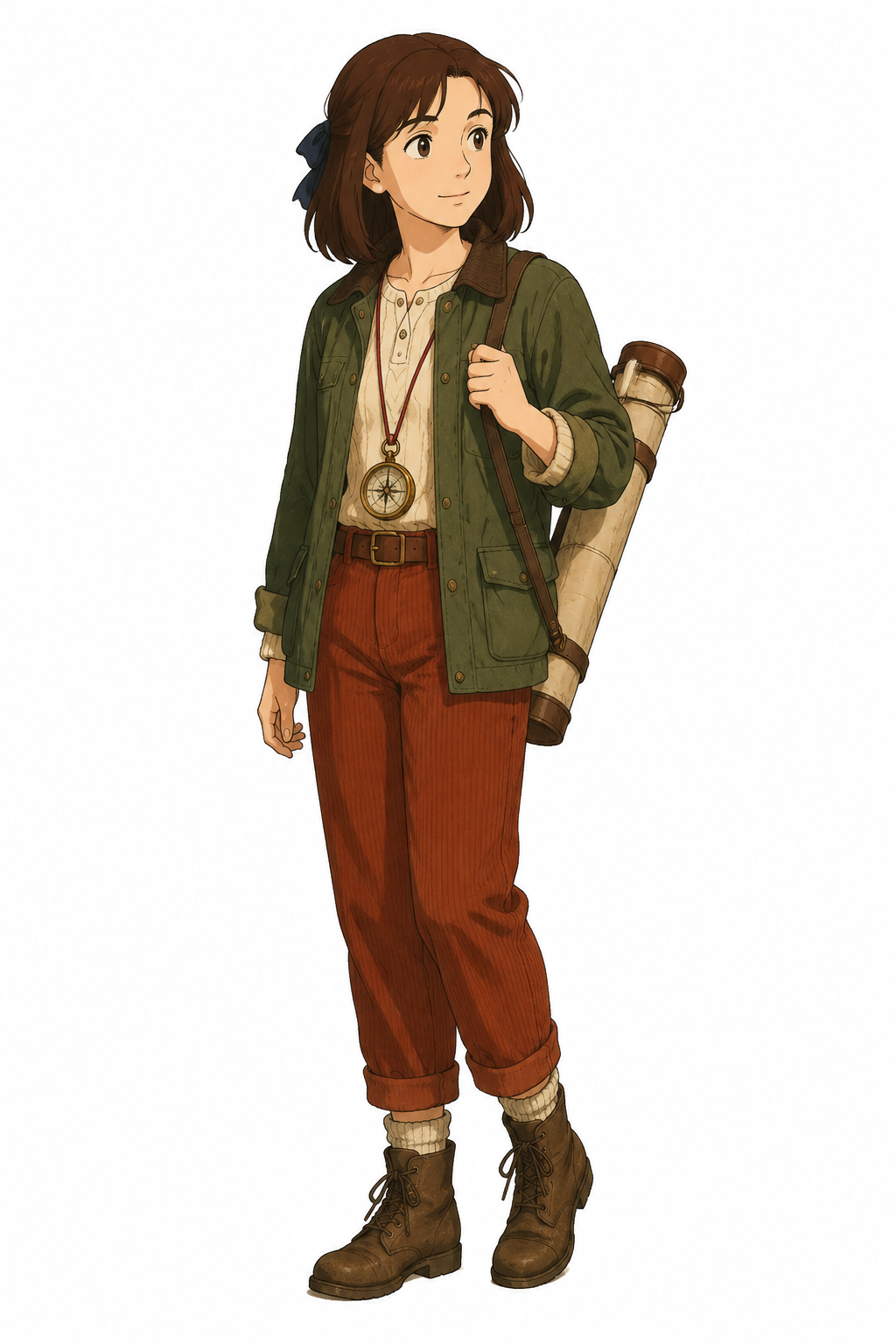 Full-body portrait of Iris Vale, a young mountain map archivist with a map tube and brass compass