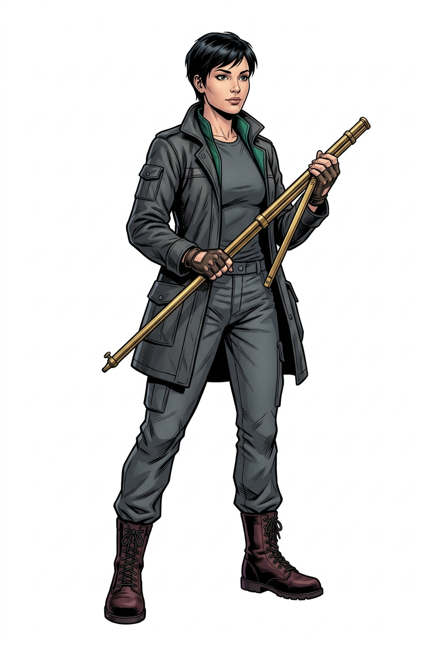Full-body portrait of Mara Kestrel holding a folding brass survey staff