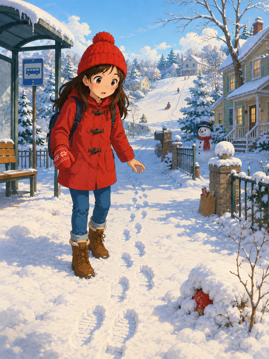 Maya searching a snowy village for her missing red mitten