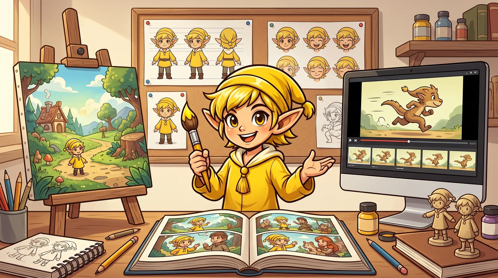AI Cartoon Generator mascot presenting a cartoon image, animated video, reusable character sheet, and illustrated storybook