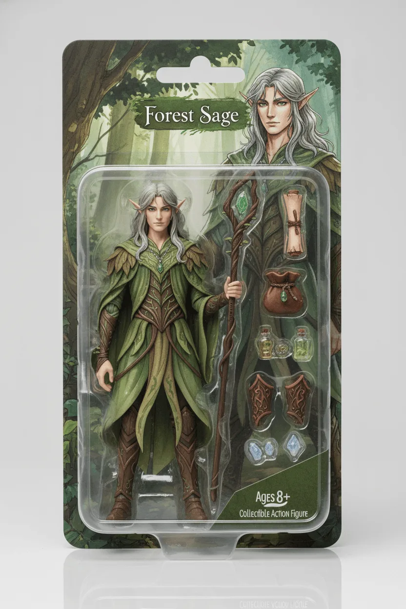 Forest Sage 문구가 인쇄된 숲 테마 패키지에 은발 엘프 현자 액션 피규어가 블리스터 트레이에 밀봉되어 있고 옆에 액세서리 슬롯이 있다