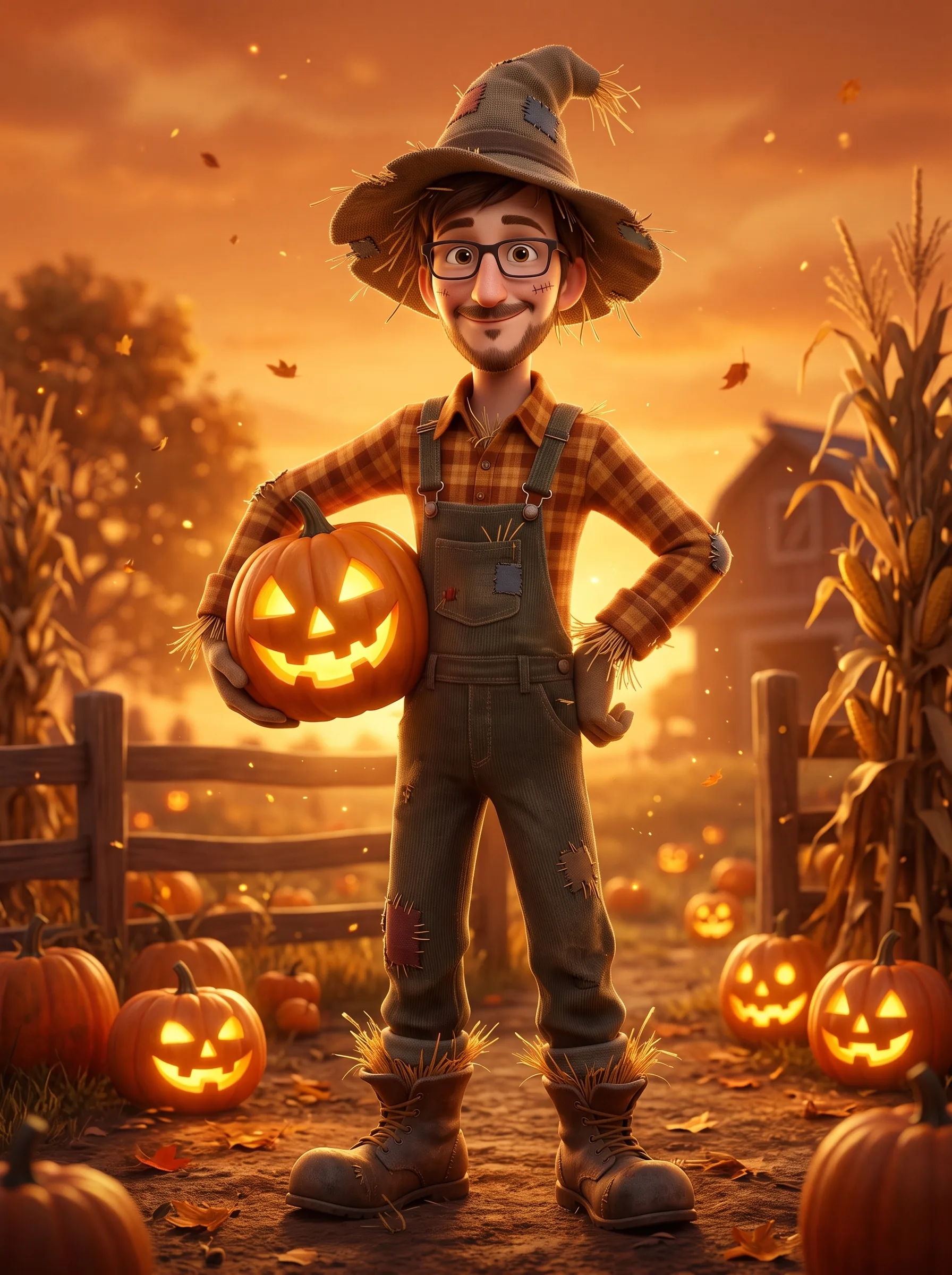 フランネルシャツとオーバーオール、麻の帽子をかぶり彫ったかぼちゃを持つ3Dカートゥーン風案山子キャラクター。黄金色の夕日を浴びる秋の農場