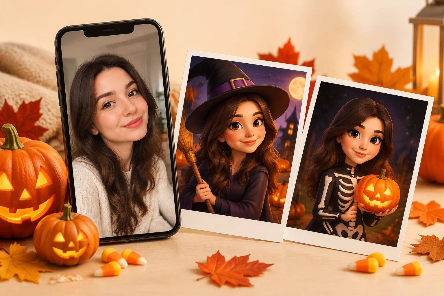 A phone showing a woman's selfie next to two printed cartoon Halloween costume photos of the same woman as a witch and a glowing skeleton, with pumpkins and candy corn around