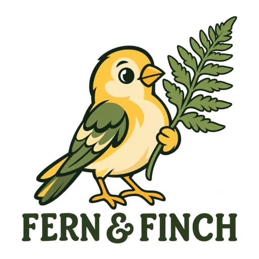 Finch holding a fern frond above the name FERN & FINCH