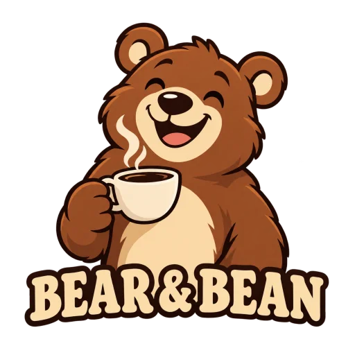 Brown bear holding a coffee cup with BEAR & BEAN lettering