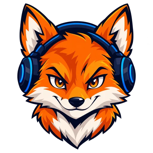 Orange fox wearing dark blue headphones in Cel Shaded style, without lettering