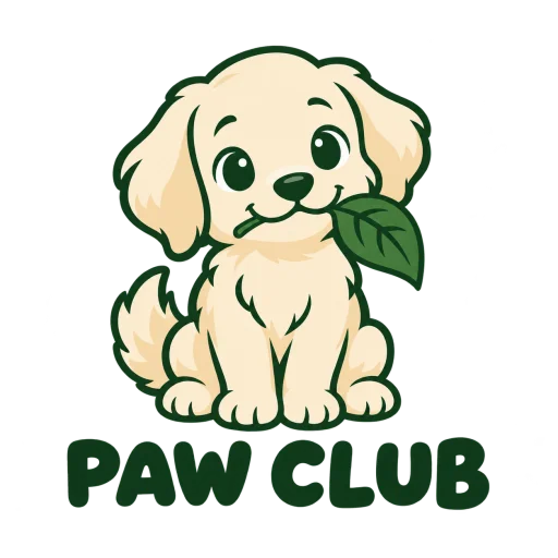 Dog with a green leaf and PAW CLUB lettering in Chibi style