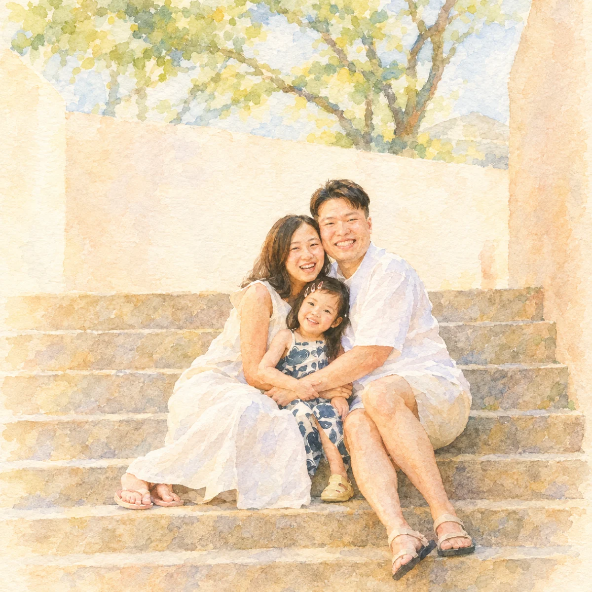 Watercolor family portrait generated from an outdoor stair photo
