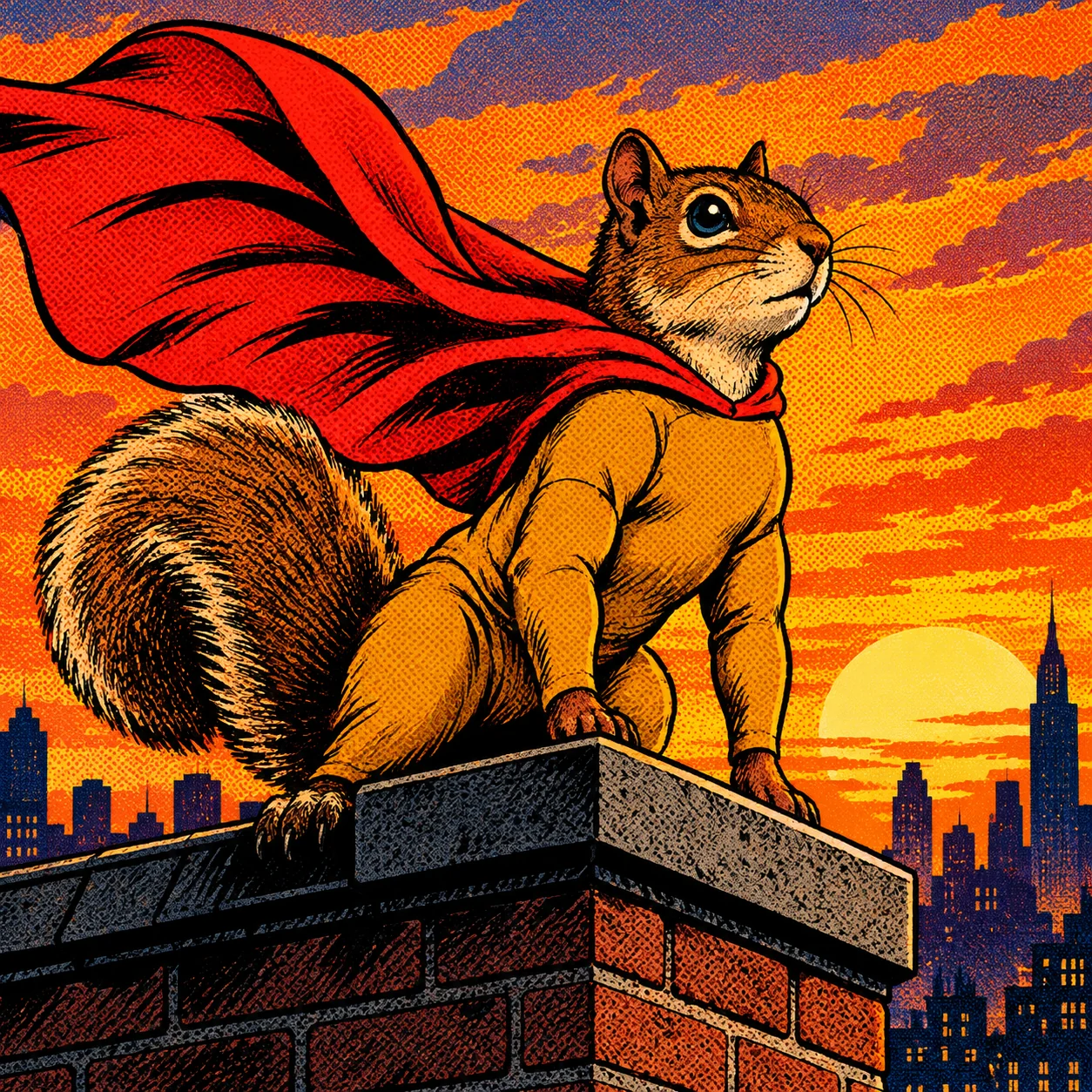 Comic-style superhero squirrel with a red cape on a rooftop, generated by GPT Image 2.5 Sunburst