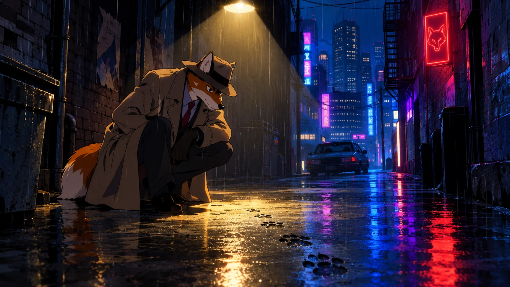Cinematic 90s anime frame of a detective fox in a rainy alley, generated by GPT Image 2.5 Sunburst