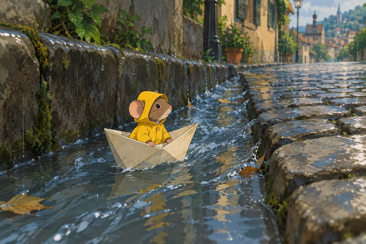 Ghibli-inspired storybook illustration of a mouse sailing a paper boat, generated by GPT Image 2.5 Sunburst