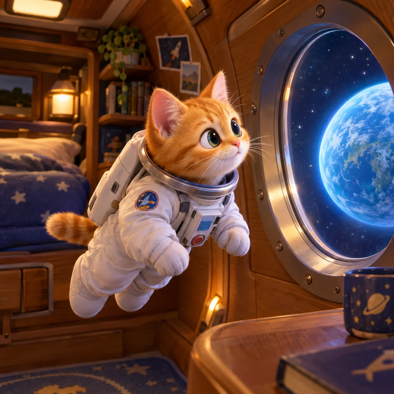 3D cartoon astronaut kitten floating in a wooden spaceship cabin, generated by GPT Image 2.5 Sunburst