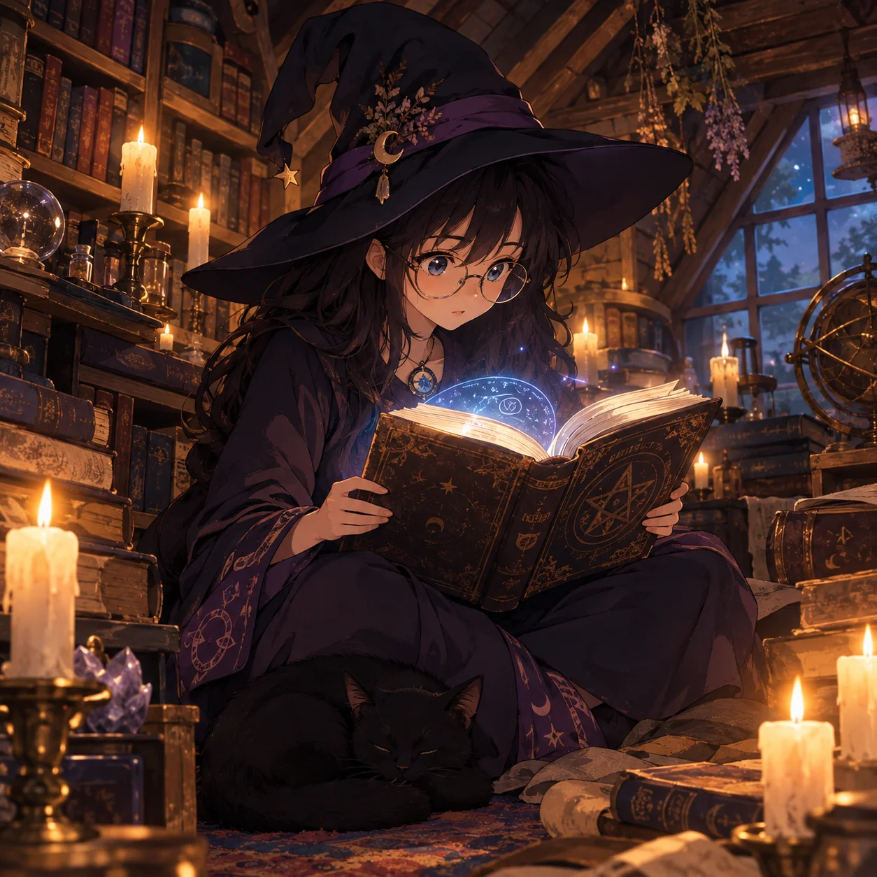 Anime witch with glasses reading a glowing spellbook in an attic library, generated by GPT Image 2.5 Sunburst
