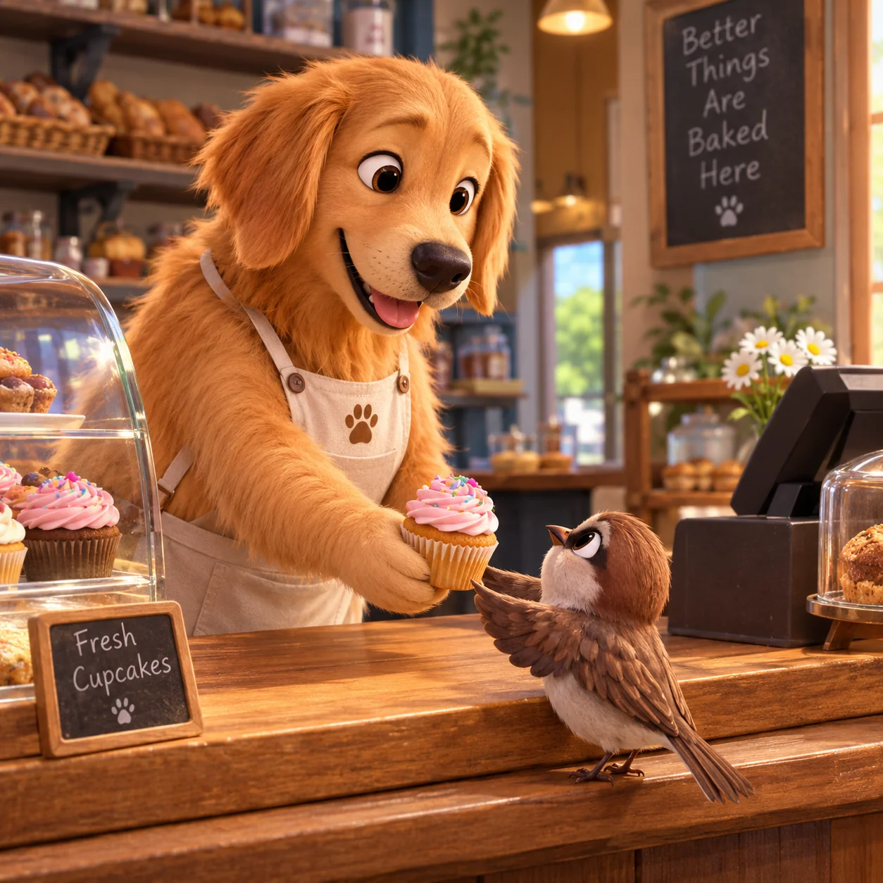 3D cartoon golden retriever baker handing a cupcake to a sparrow, generated by GPT Image 2.5 Flare