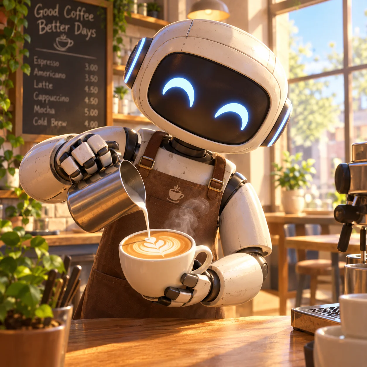Friendly 3D cartoon robot barista drawing latte art in a sunny cafe, generated by GPT Image 2.5 Sunburst
