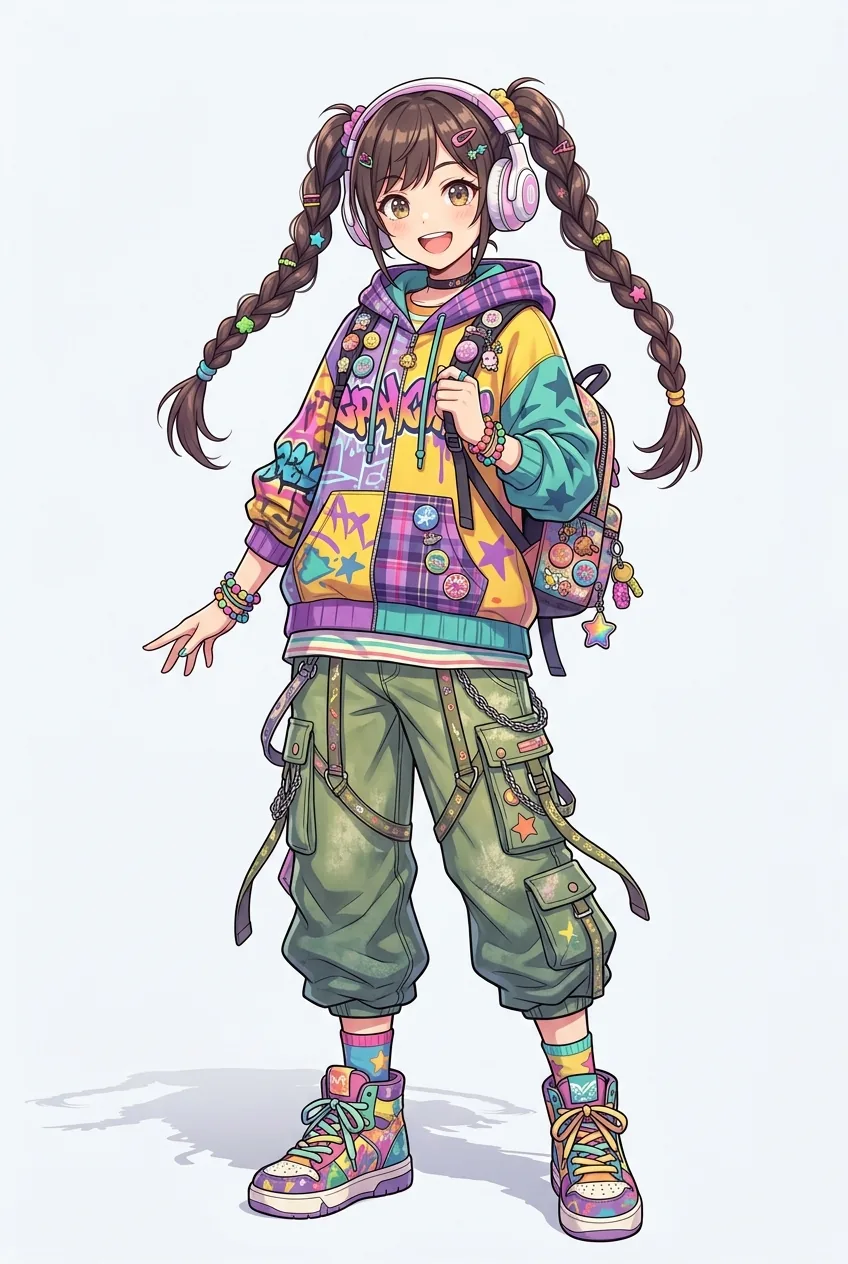 Full-body anime girl with twin braids and headphones on a plain studio background, generated by Nano Banana 2.1