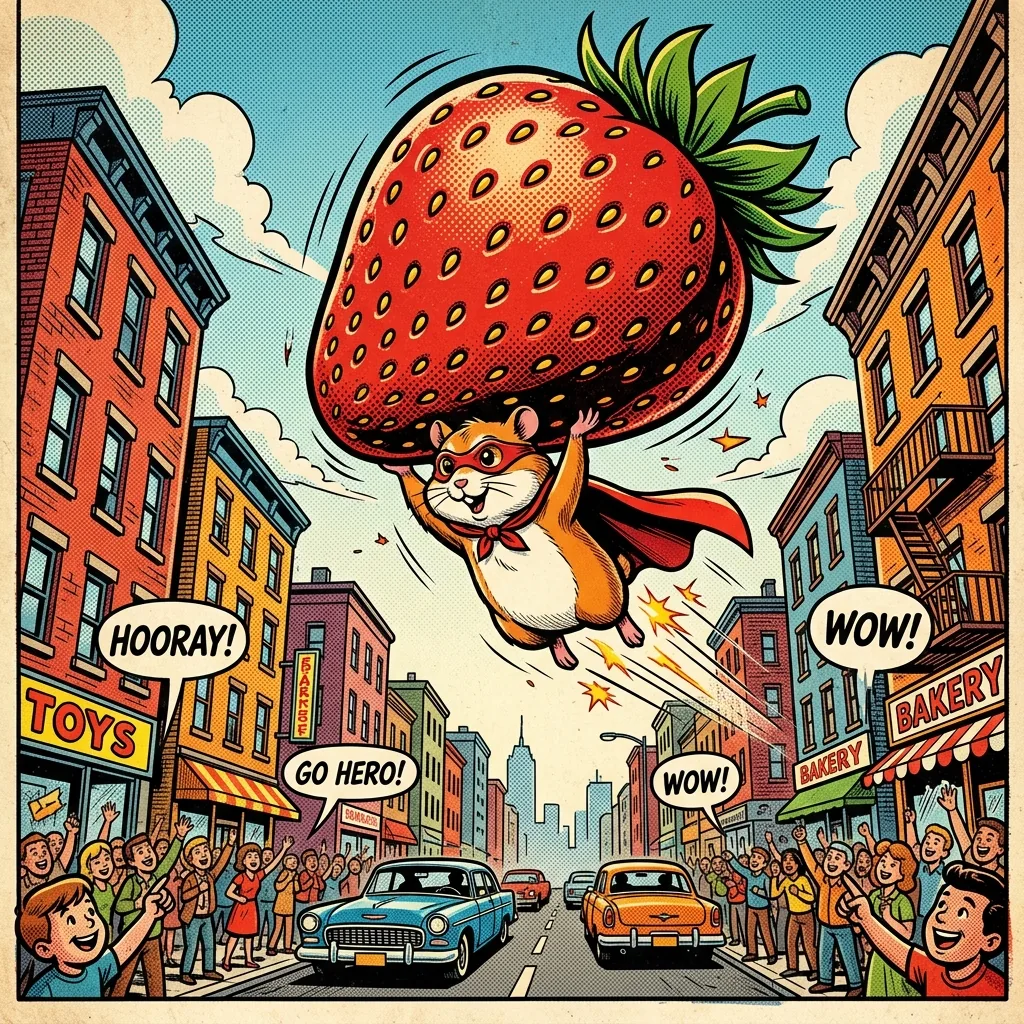 Comic-style caped hamster hero carrying a giant strawberry over a cartoon city street, generated by Nano Banana 2.1