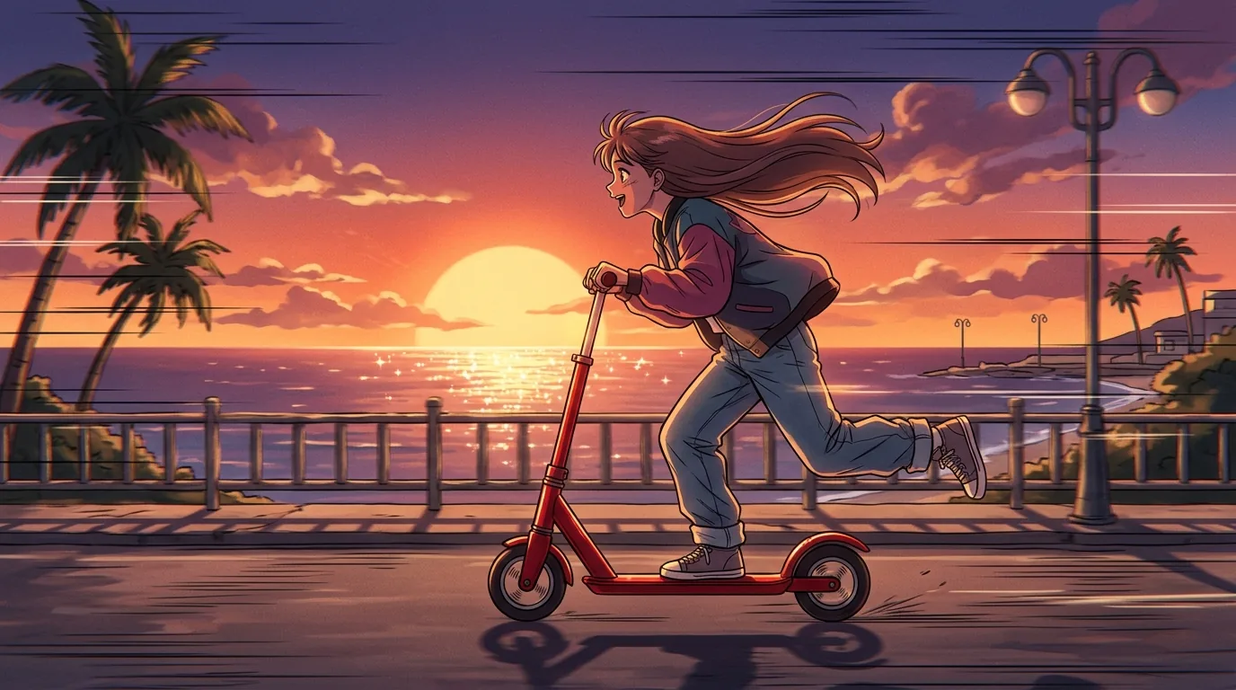 Retro 90s anime wide shot of a scooter chase along a sunset coastal highway, generated by Nano Banana 2.1