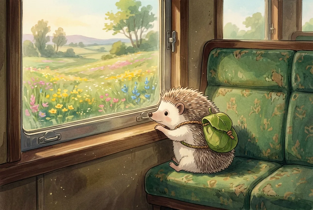 Ghibli-inspired storybook illustration of a hedgehog conductor checking tickets in a forest train, generated by Nano Banana 2.1