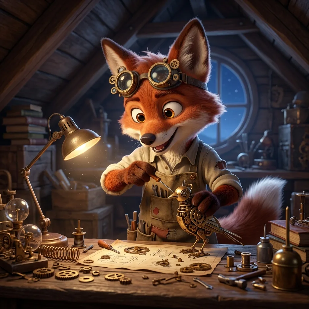 3D cartoon fox inventor with brass goggles at a cluttered attic workbench, generated by Nano Banana 2.1