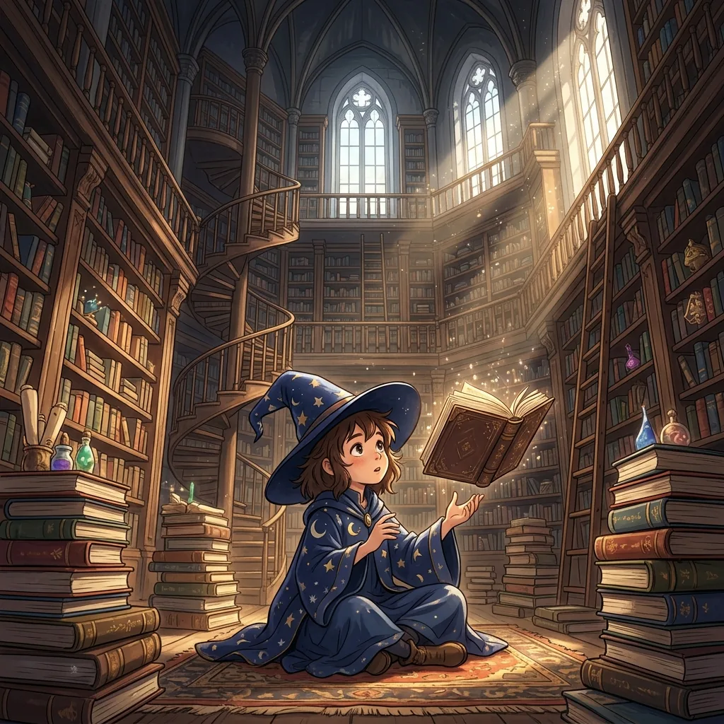 Anime wizard girl in star-patterned robes reading a floating book in a towering library, generated by Nano Banana 2.1