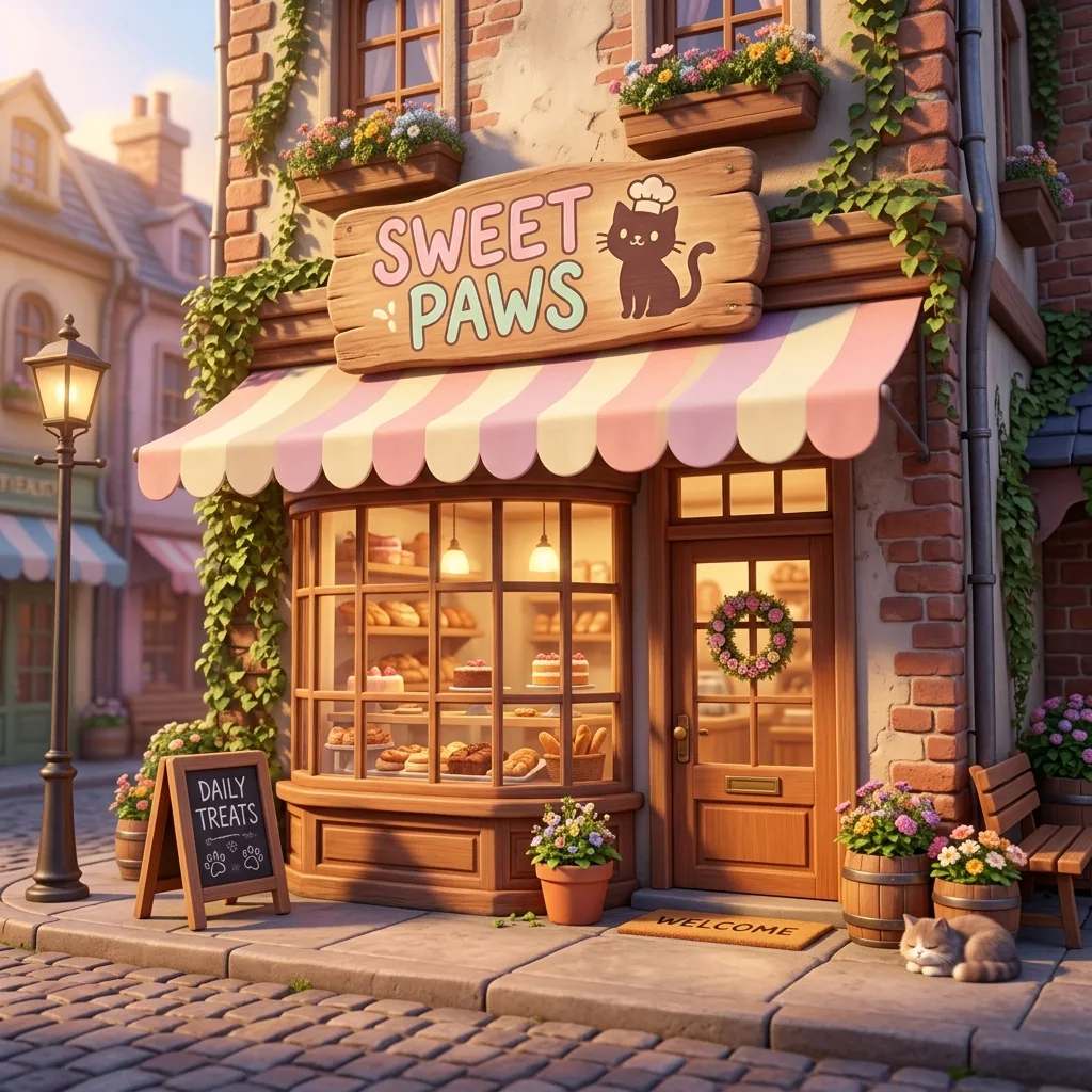 Cozy 3D cartoon bakery with a hand-painted SWEET PAWS sign and pastel awning, generated by Nano Banana 2.1