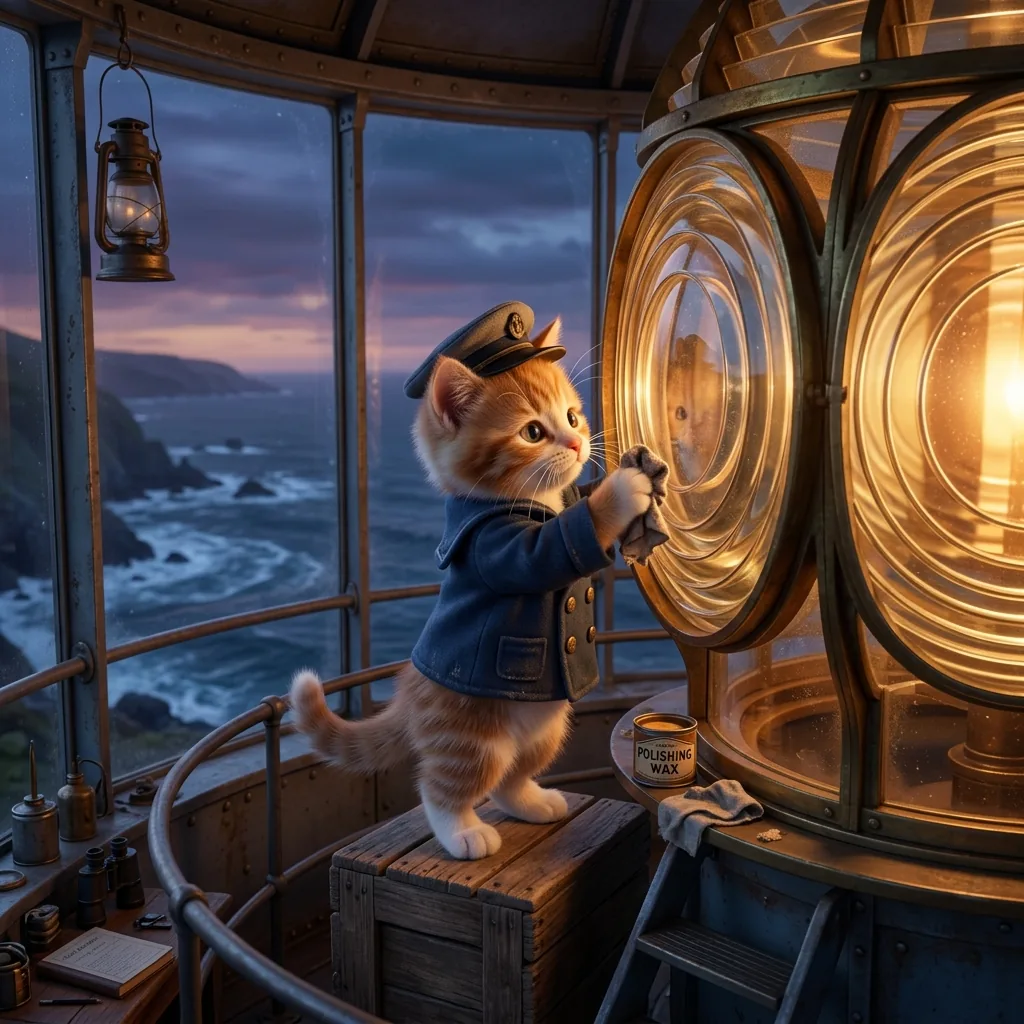 3D cartoon kitten lighthouse keeper in a sailor coat polishing the great lamp at dusk, generated by Nano Banana 2.1
