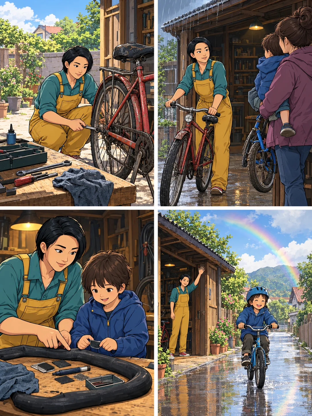 Four-panel storyboard of Mara Chen repairing a bicycle, teaching a child to patch an inner tube, and celebrating a rainbow ride