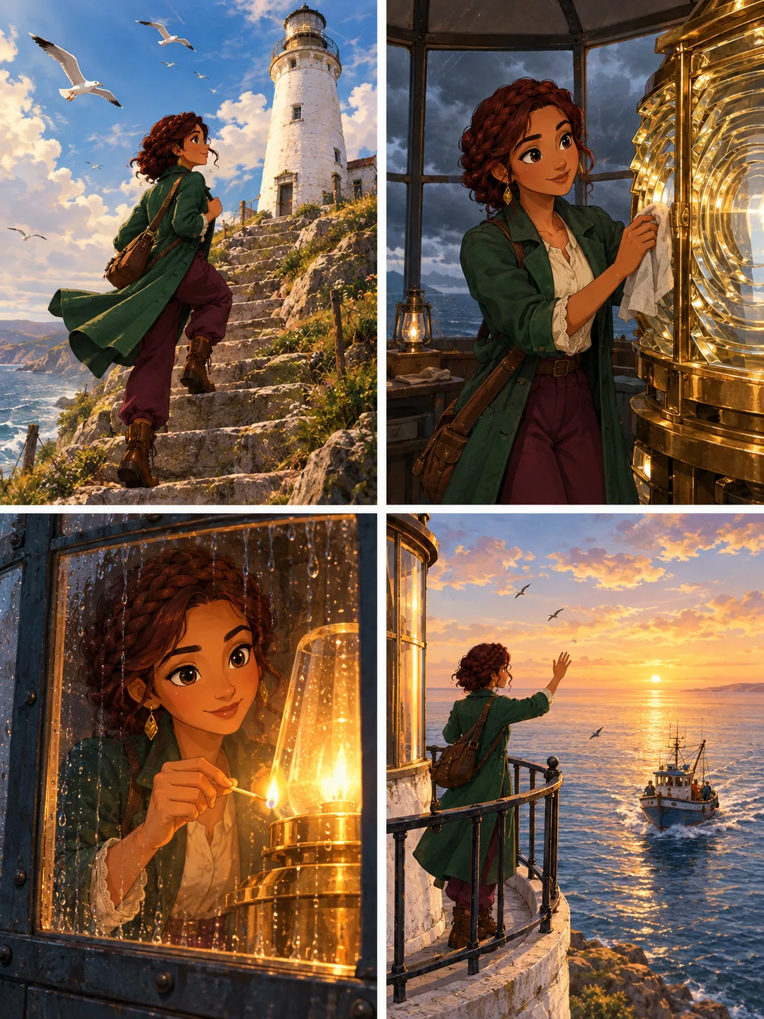 Four-panel storyboard of Elena Maris climbing to a stormy lighthouse, lighting the great lamp, and waving a fishing boat home at sunrise
