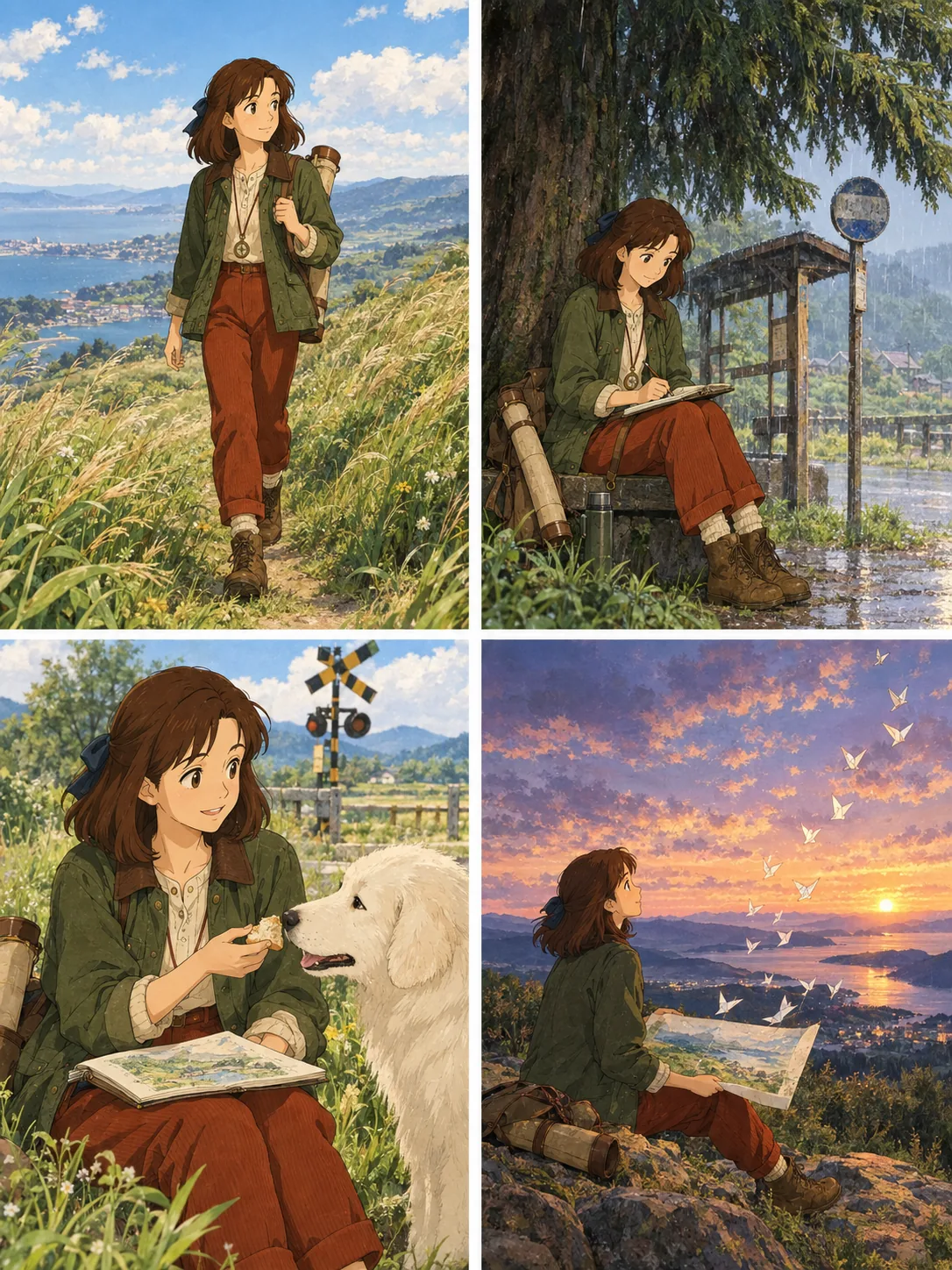 Four-panel storyboard of Iris Vale walking a grassy hillside, sketching in the rain, sharing bread with a white dog, and unrolling a panorama painting at dusk