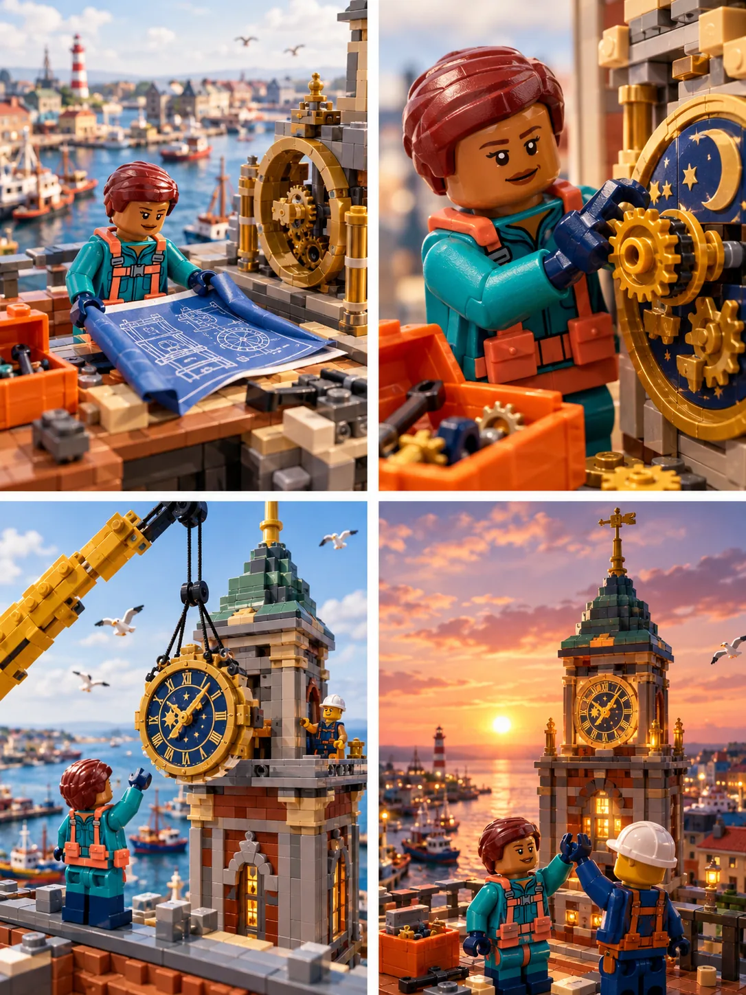 Four-panel storyboard of minifigure engineer Mara Quill building a harbor clock from blueprints to a glowing sunset tower