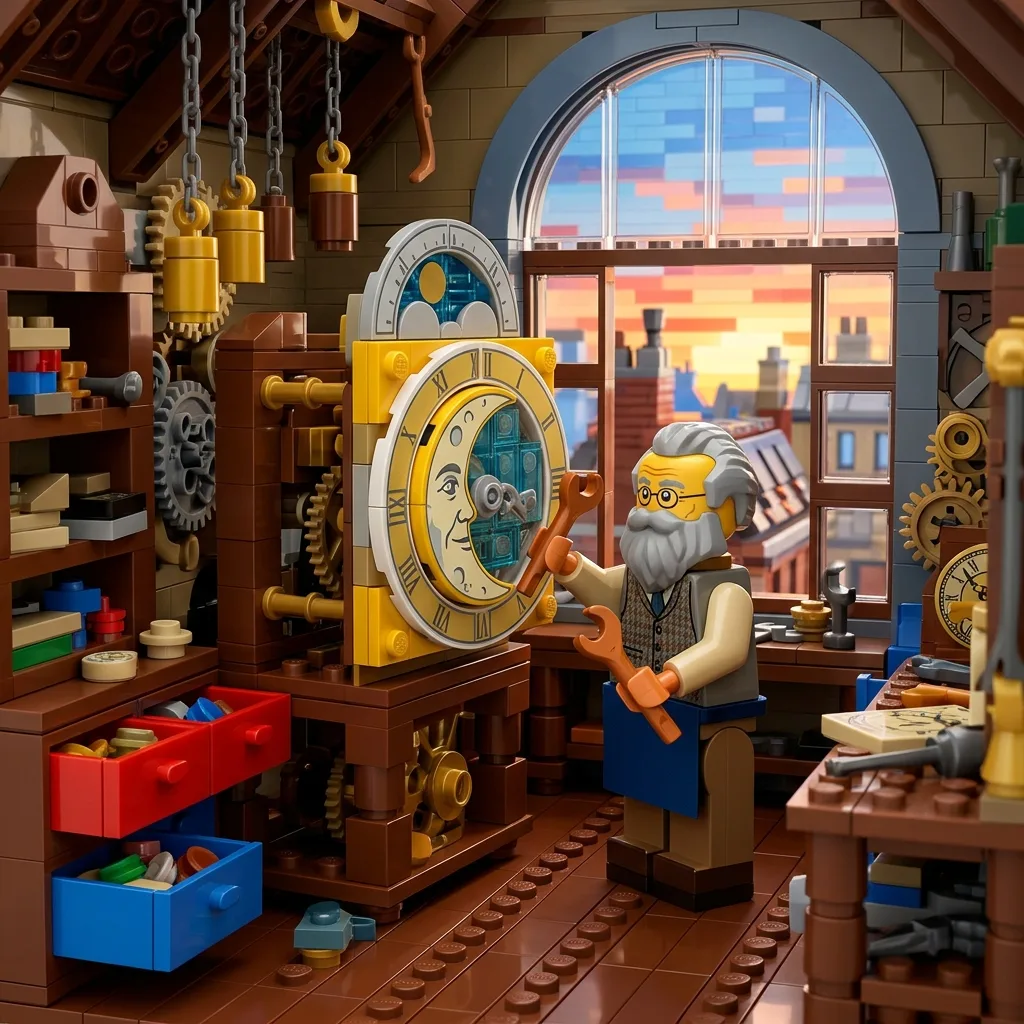 Construction-brick clockmaker adjusting a moon dial in a rooftop workshop