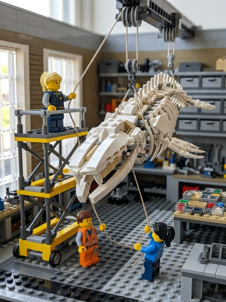 Construction-brick museum conservators lowering a whale skeleton in a restoration workshop