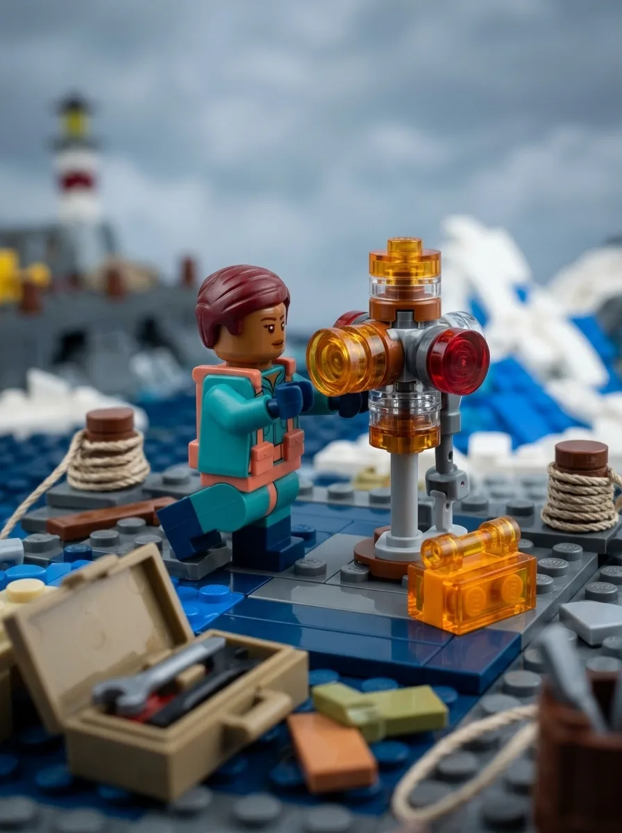 Mara Quill fastening an amber lens into a harbor beacon