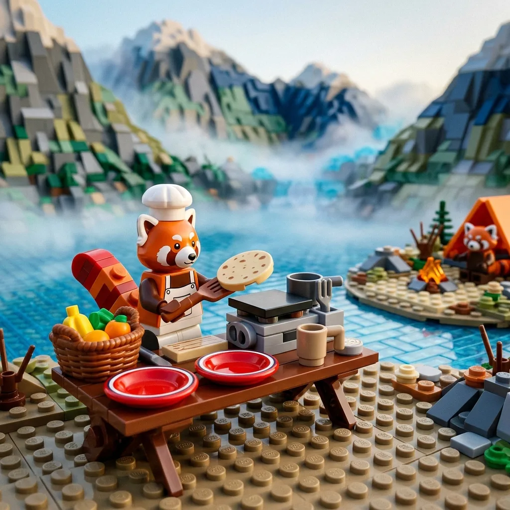 Construction-brick red panda camp cook beside a mountain lake