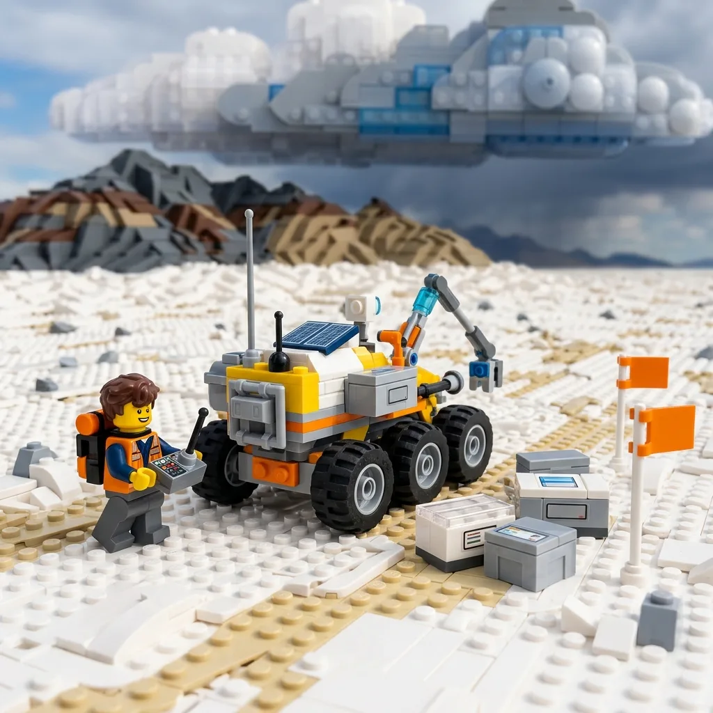 Construction-brick field roboticist guiding a rover across a salt flat