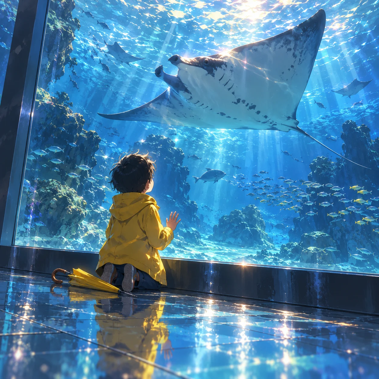A boy in a yellow raincoat kneels beside his umbrella at a large aquarium window while a manta ray swims overhead
