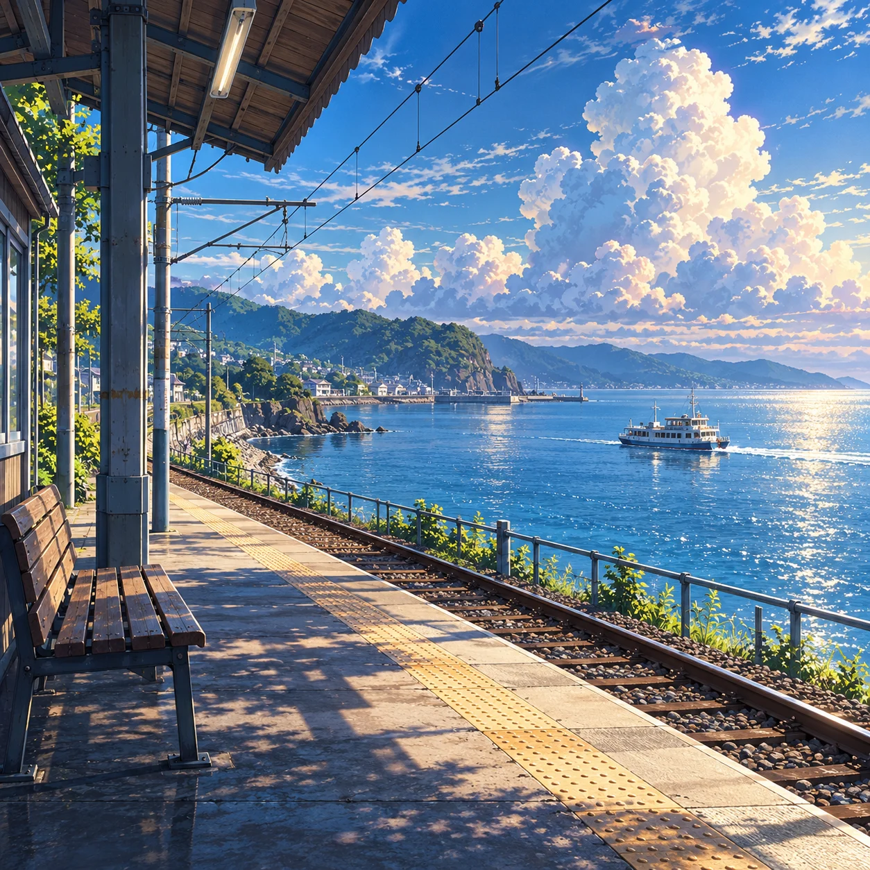 An empty coastal railway platform with a wooden bench overlooks a ferry and towering clouds above a blue bay