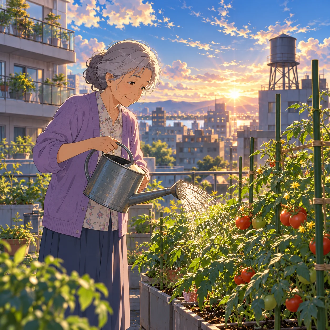 An elderly woman in a lavender cardigan waters rooftop tomato plants as sunlight falls across the city behind her