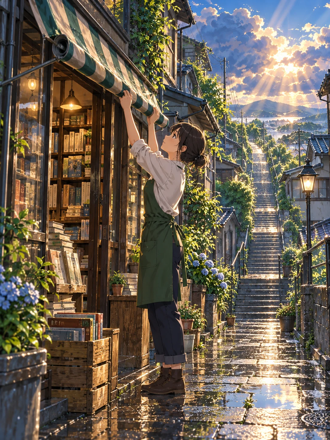 A bookseller in a green apron rolls up a striped awning outside a bookshop beside a wet stairway leading toward the evening sky