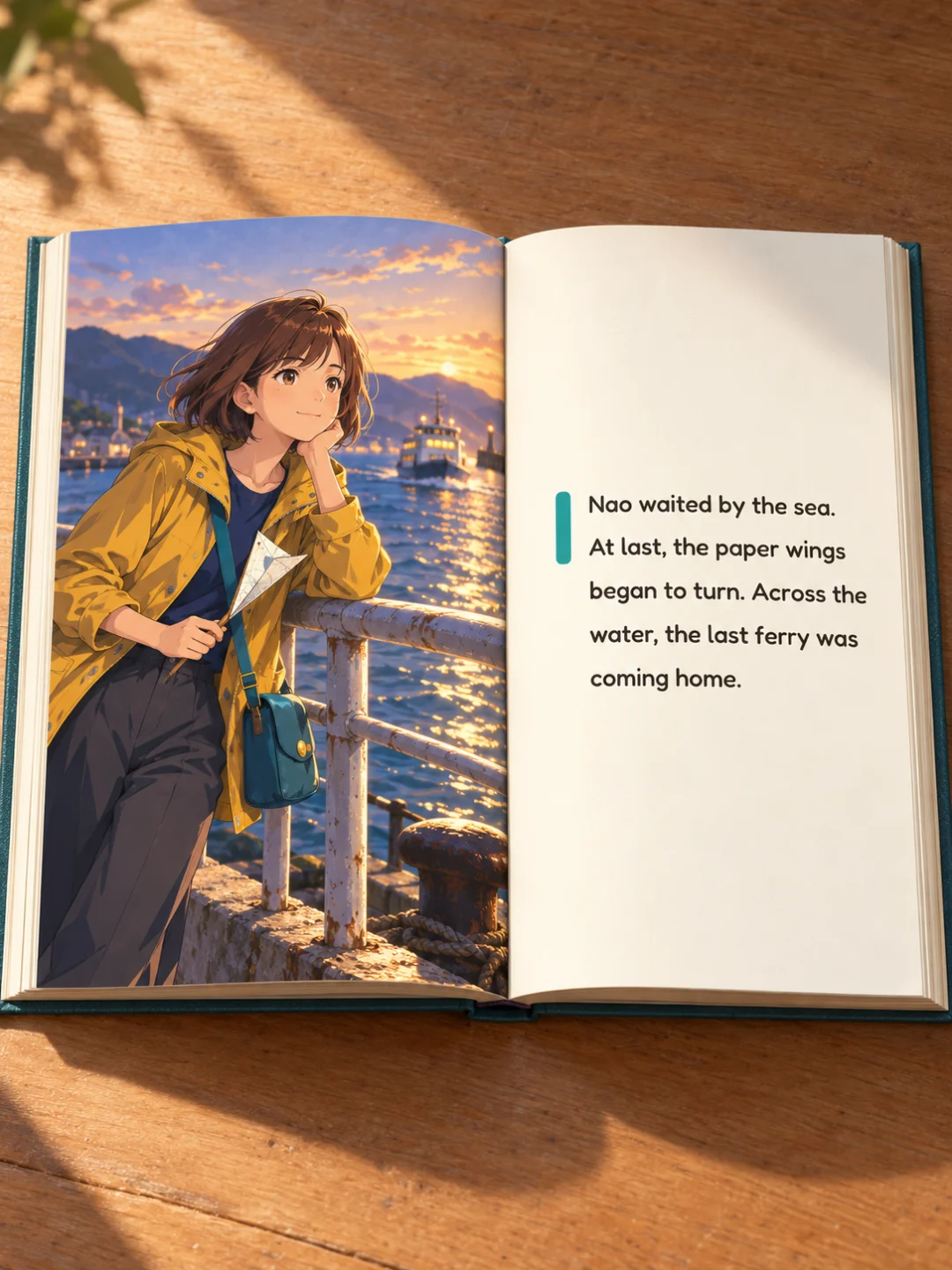 An open hardcover book with Nao leaning against a harbor railing on the illustrated left page and a short story passage with a teal accent bar on the cream right page