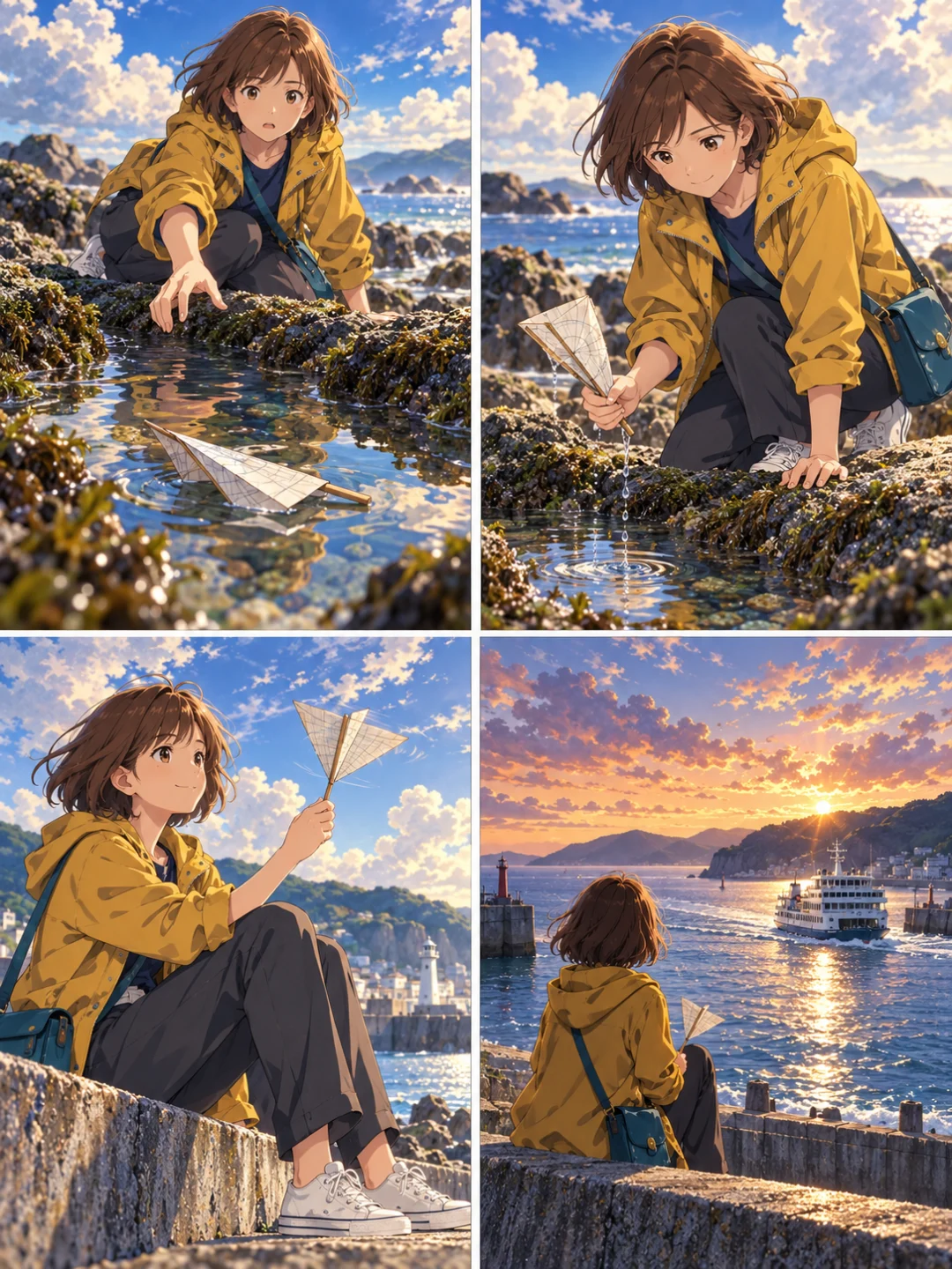 Four-panel storyboard of Nao losing her paper wind gauge in a tide pool, retrieving it, testing the wind on a seawall, and watching a ferry return