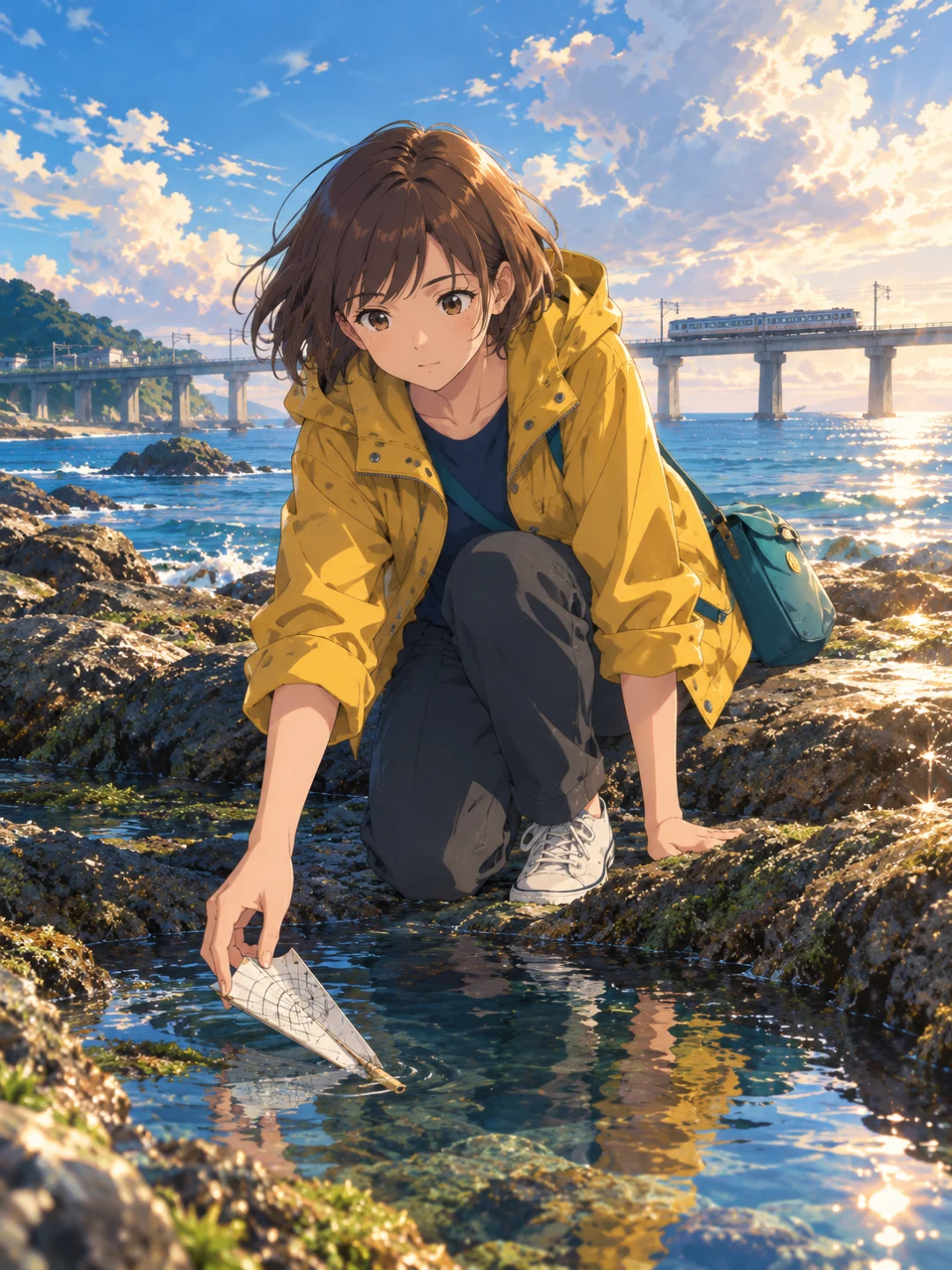 Nao Mizuno crouches on a rock beside a tide pool to retrieve her paper wind gauge, with a seaside railway viaduct in the distance