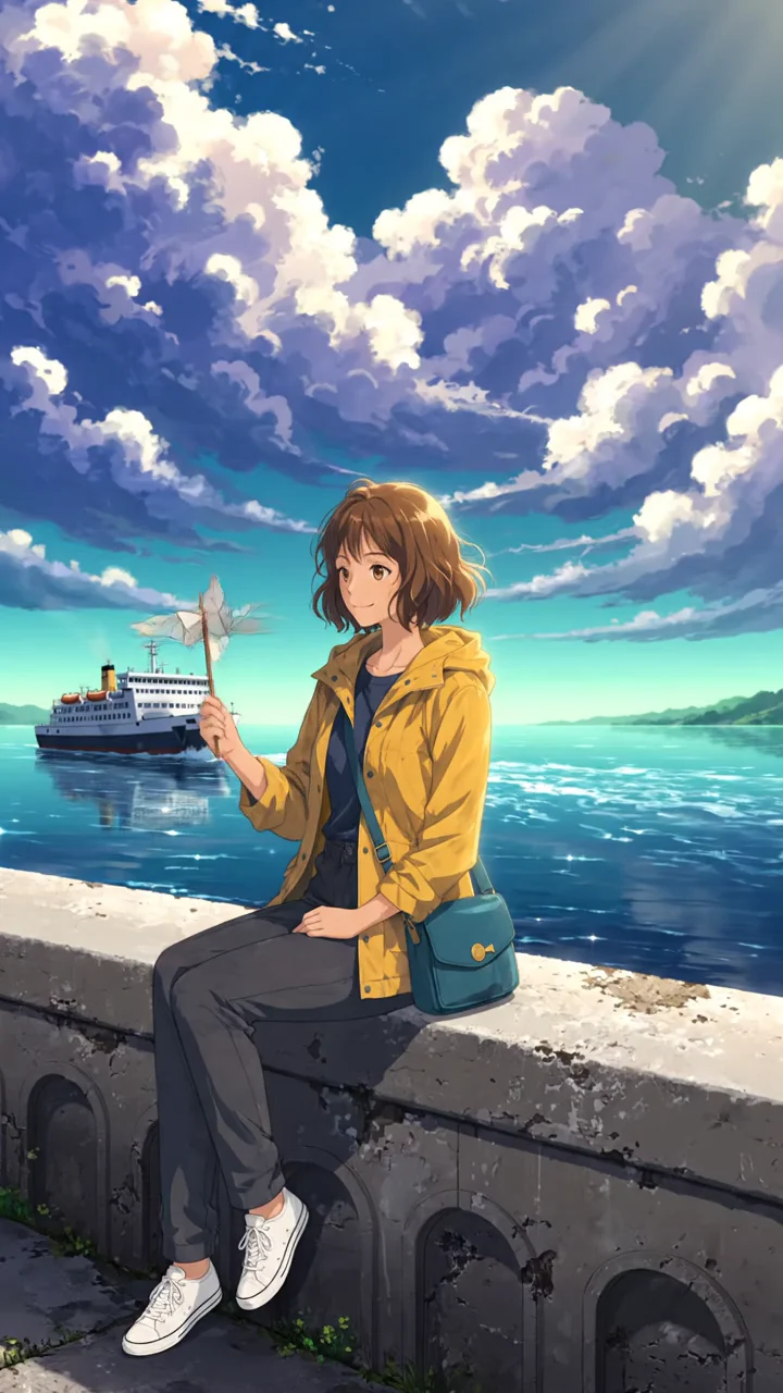 Nao Mizuno sits sideways on a seawall and raises her paper wind gauge while a ferry crosses the bay behind her