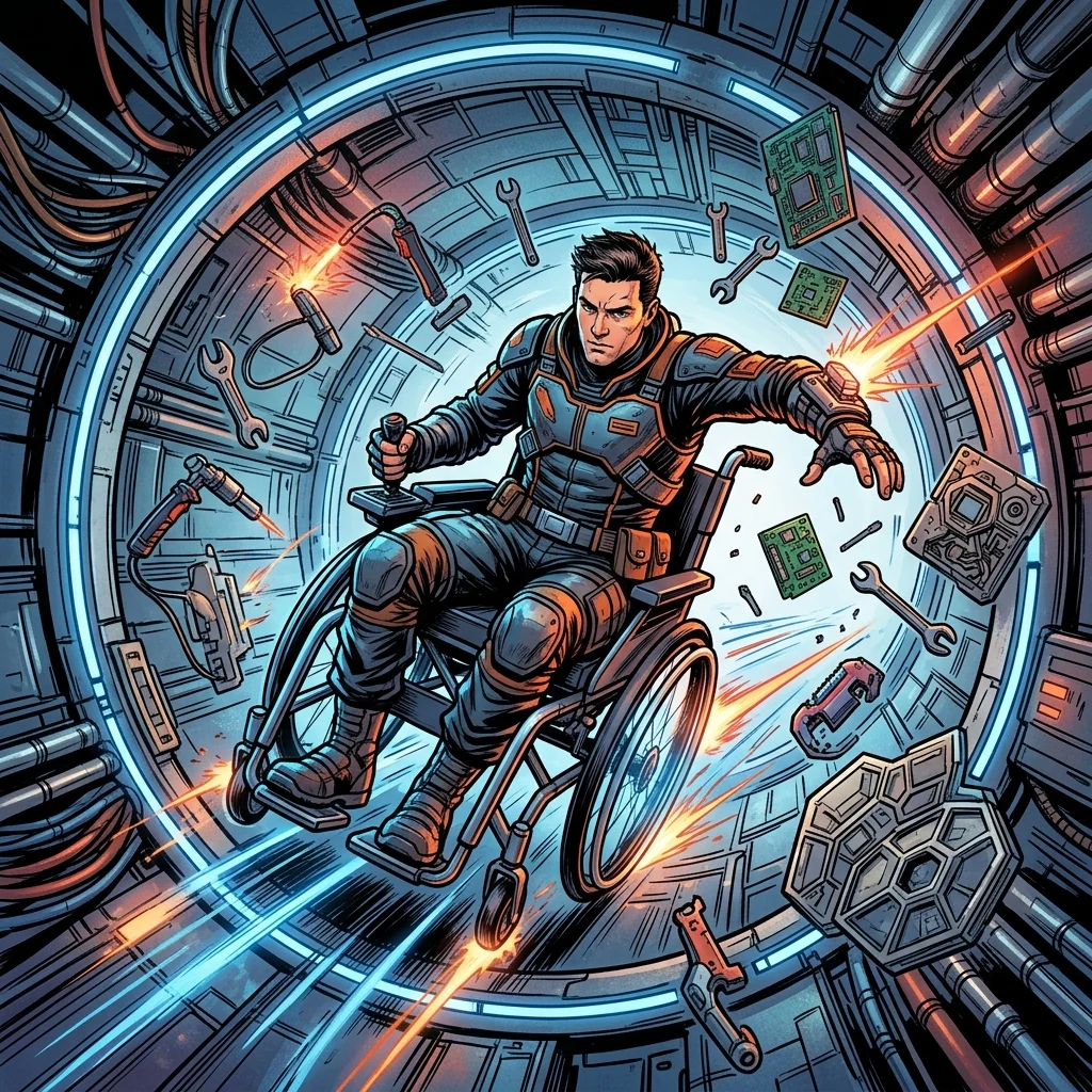 A wheelchair engineer racing through a zero-gravity orbital maintenance ring